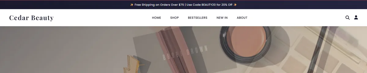 The Cedar Beauty storefront: a promotion banner above the shop navigation and a photograph of makeup products.