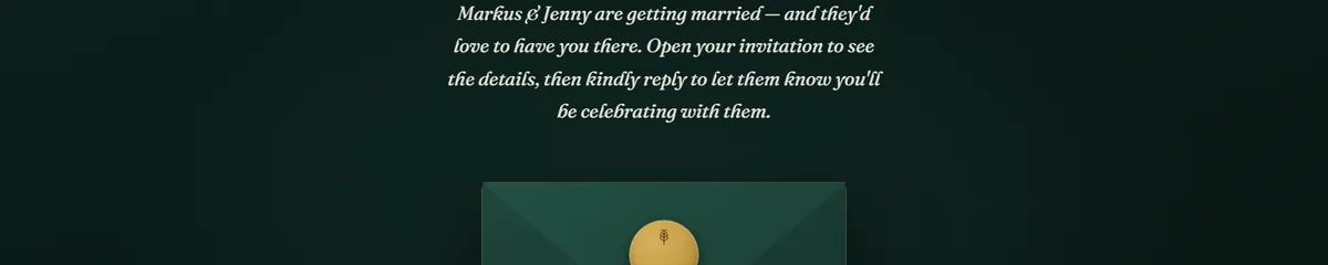 A wedding invitation page in cream script on dark green, with a sealed envelope below the invitation text.