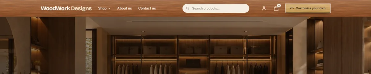 The WoodWork Designs home page: a shop navigation over a photograph of a fitted walk-in wardrobe.
